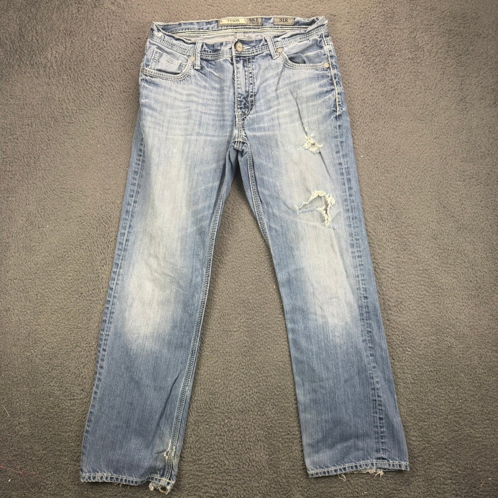 BKE Tyson Jeans Mens 31R Light Wash Distressed Straight Leg Denim Blue